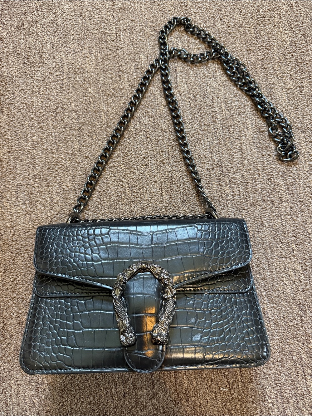 Black Croc-Embossed Chain Shoulder Bag with Decorative Buckle